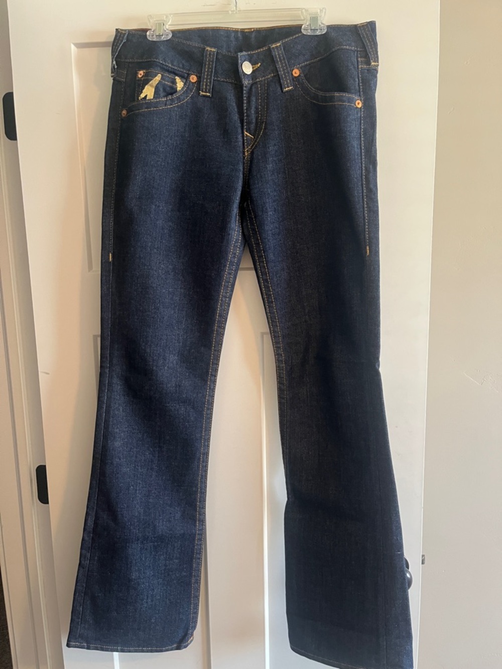 True Religion Dark Blue Flared Jeans with Gold Back Pocket Detail - Picture 4 of 8